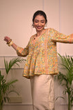 Yellow Floral Handblock Print Cotton Kurti for Women