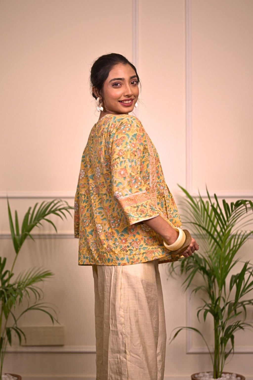 Yellow Floral Handblock Print Cotton Kurti for Women