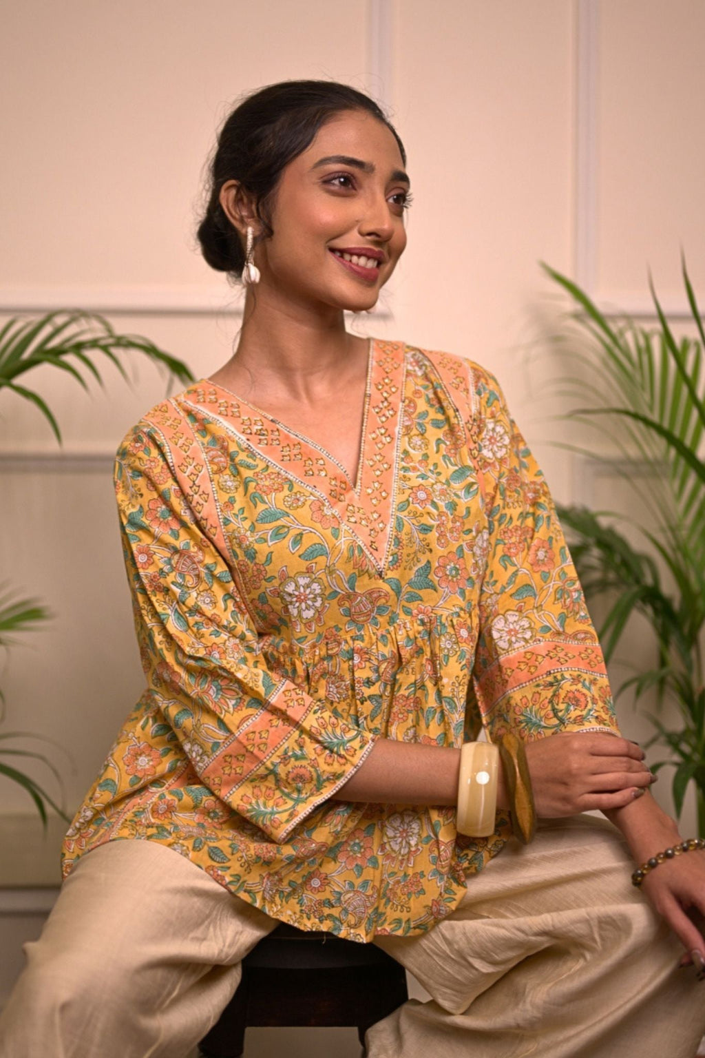 Yellow Floral Handblock Print Cotton Kurti for Women