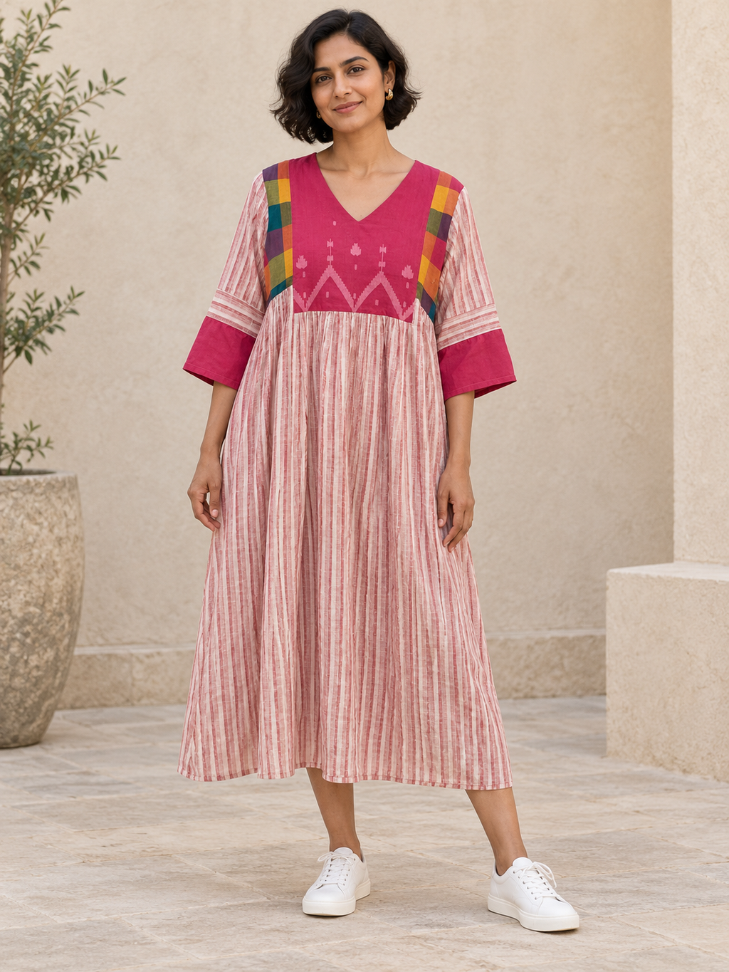 Pink Stripe handloom dress KD028