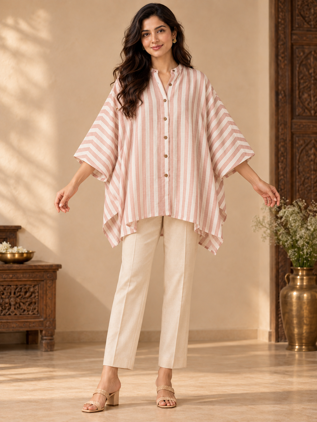 Pink and ivory striped cotton kaftan top for women with a button-down front, wide sleeves and an asymmetrical hem.