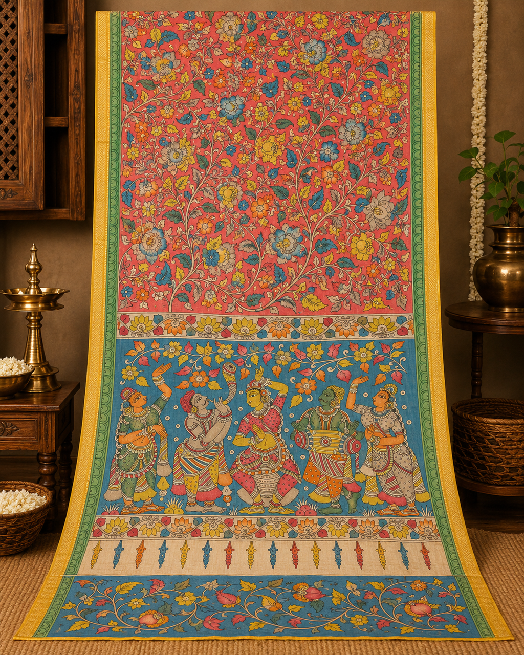 Hand-Painted Cotton Kalamkari Saree | Red Floral Kalamkari Saree with Blue Pallu