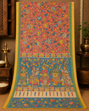 Hand-Painted Cotton Kalamkari Saree | Red Floral Kalamkari Saree with Blue Pallu