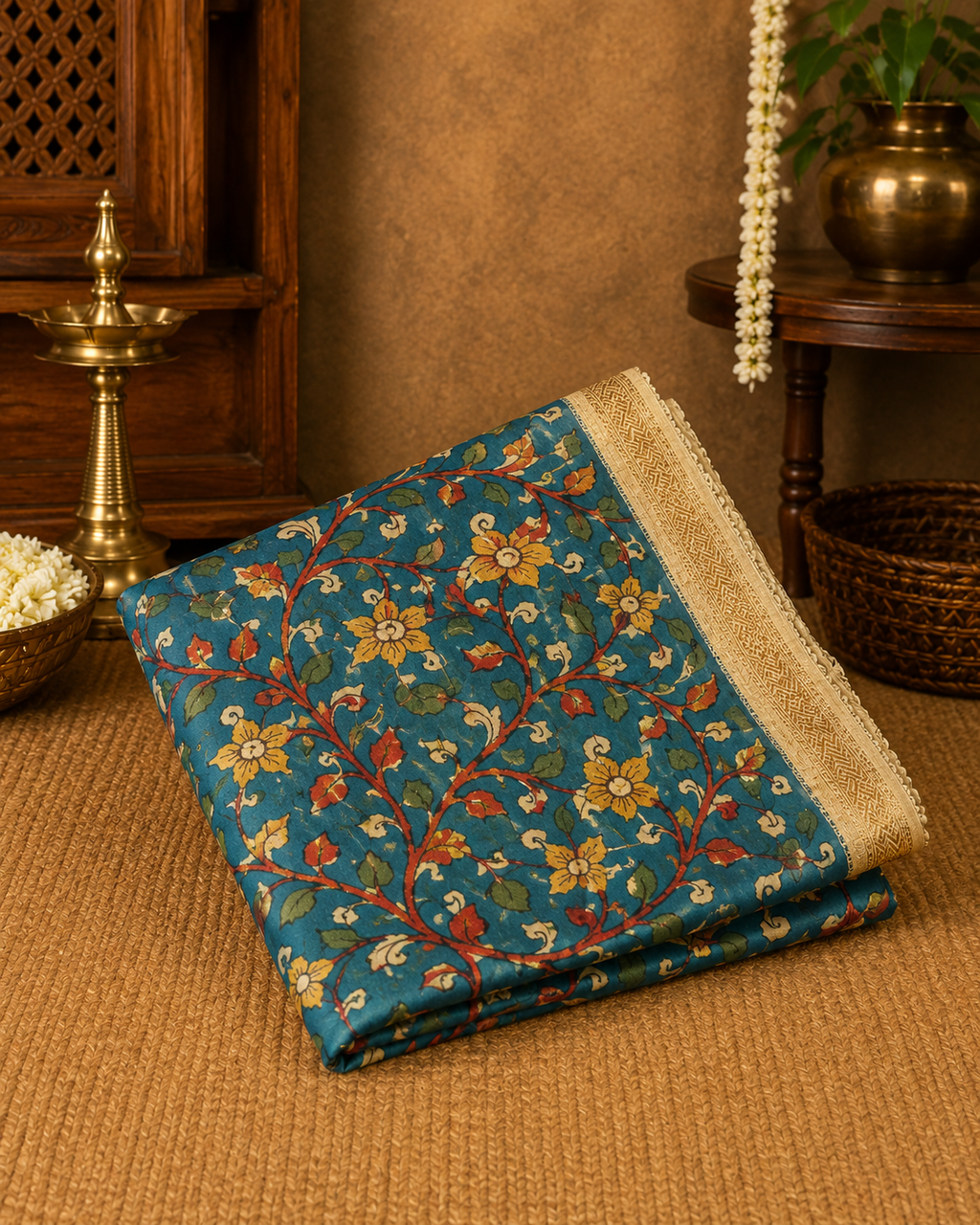 Hand-Painted Kalamkari Chanderi Silk Saree | Peacock & Floral Pallu