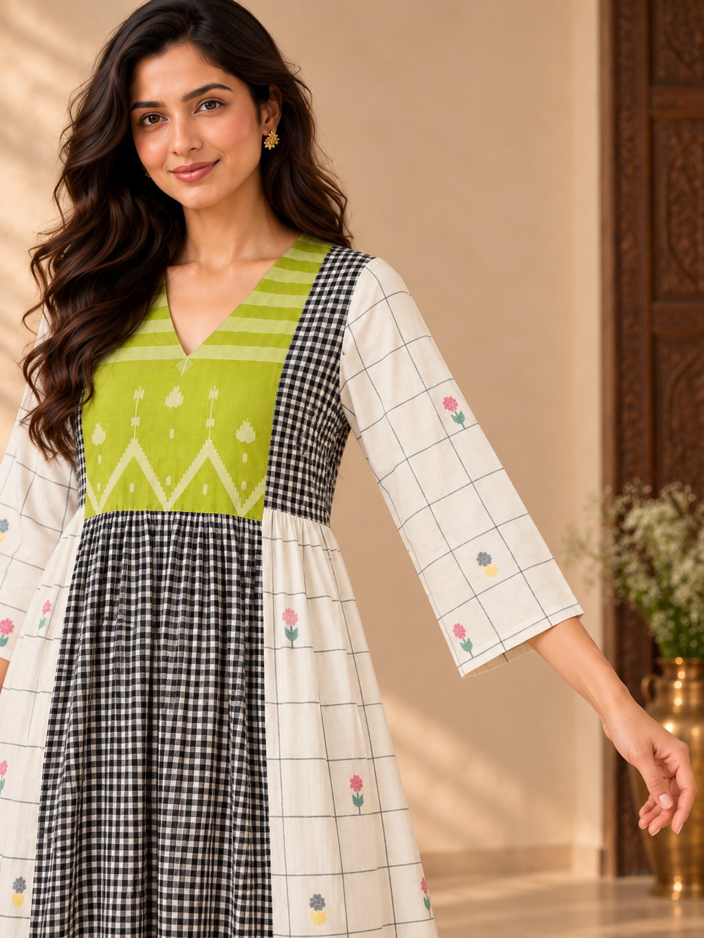 Green yoke Jamdani cotton midi dress with black and white checked centre panel, ivory grid-print sides and floral motifs.