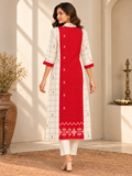 White and red Jamdani cotton kurta for women with checked panels, floral motifs and three-quarter sleeves.
