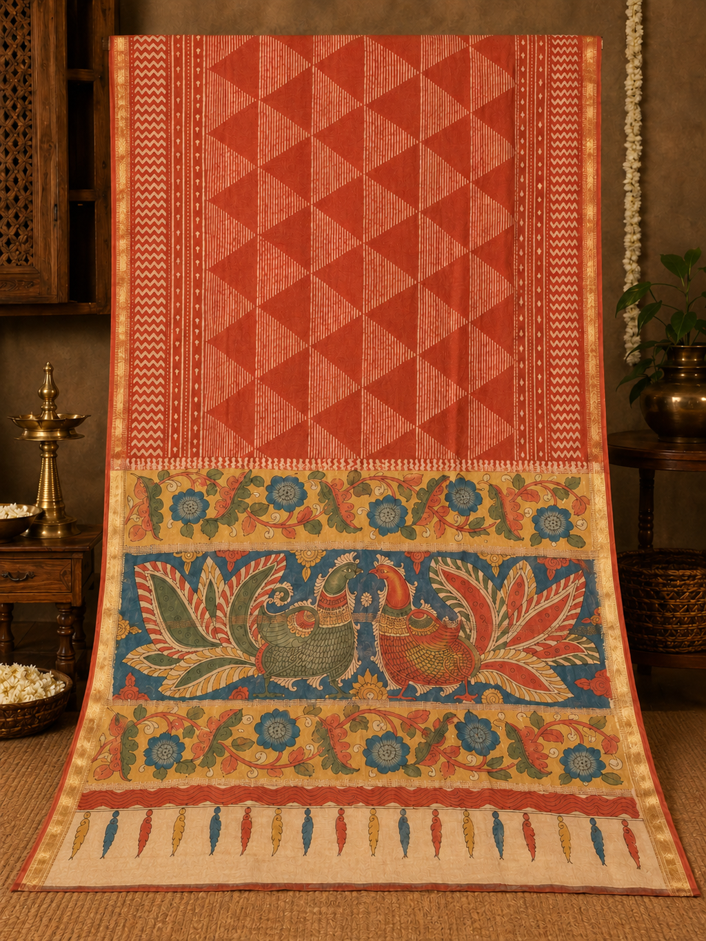 Hand-Painted Kalamkari Chanderi Silk Saree | Peacock & Floral Pallu