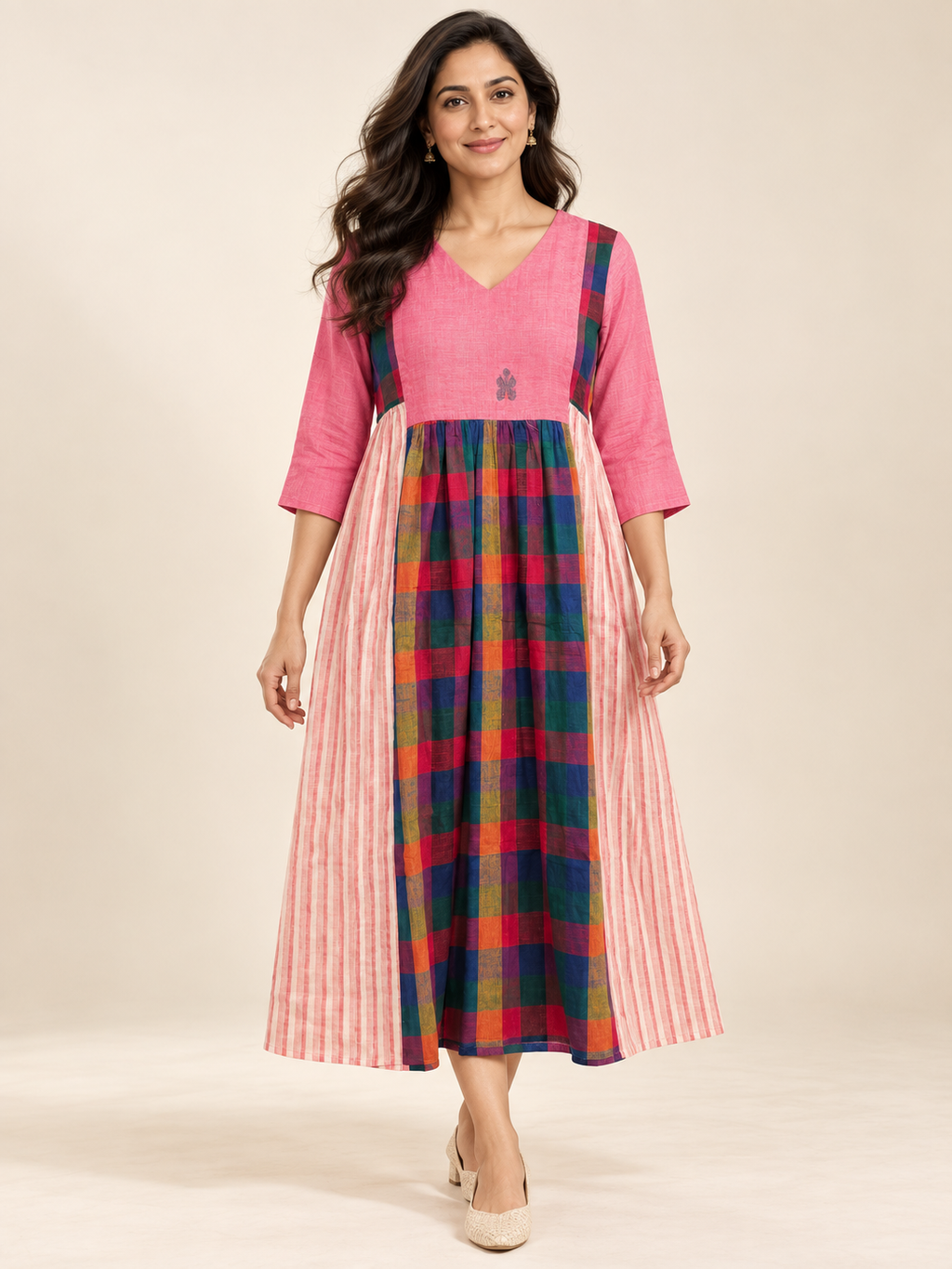 Pink Jamdani Dress with Multicoloured Madras Checks