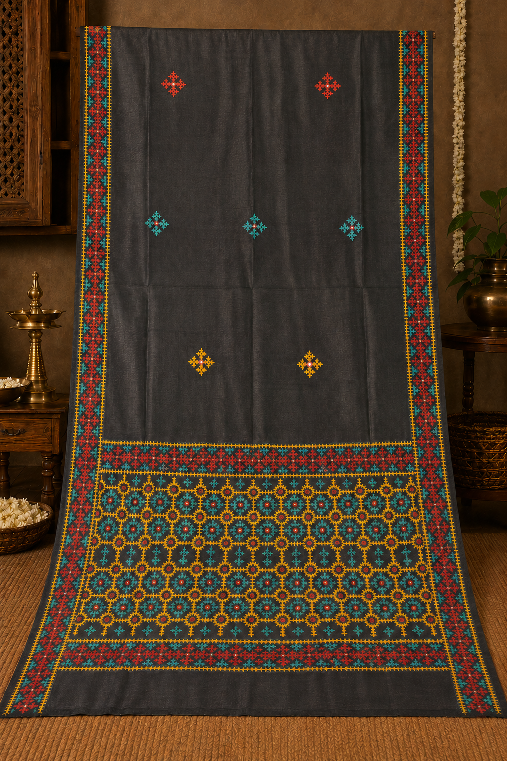Hand-Embroidered Tussar Silk Saree | Intricate Geometric Motifs