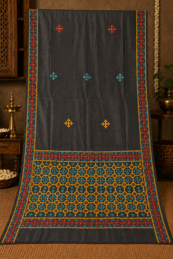 Hand-Embroidered Tussar Silk Saree | Intricate Geometric Motifs