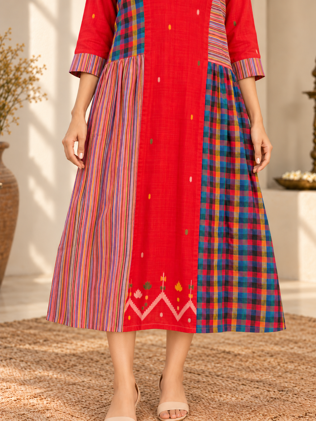 Red Jamdani cotton midi dress with multicoloured Madras check panels, striped accents and three-quarter sleeves.