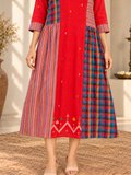 Red Jamdani cotton midi dress with multicoloured Madras check panels, striped accents and three-quarter sleeves.