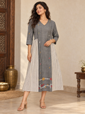 Grey Jamdani cotton midi dress with black and white gingham check panels, cream stripes and colourful traditional-inspired motifs.