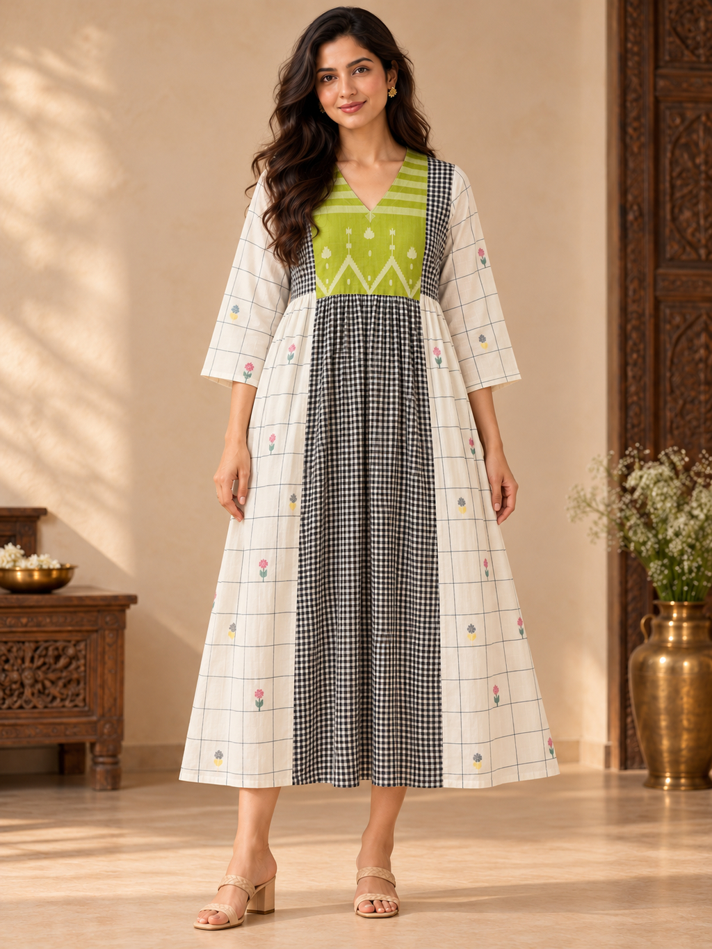 Green yoke Jamdani cotton midi dress with black and white checked centre panel, ivory grid-print sides and floral motifs.