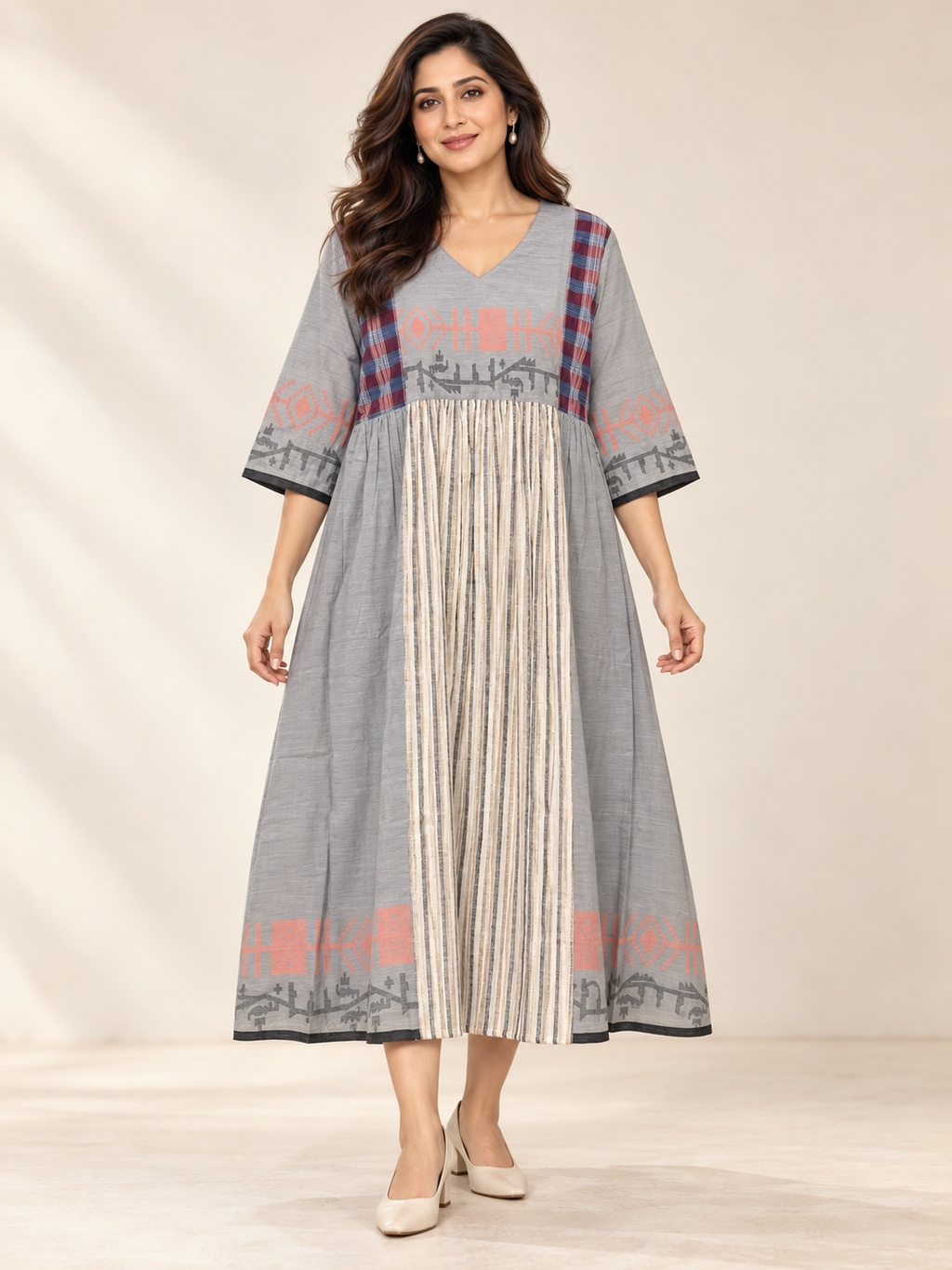 Grey Jamdani cotton midi dress with coral geometric motifs, cream striped centre panel and multicoloured checked yoke.