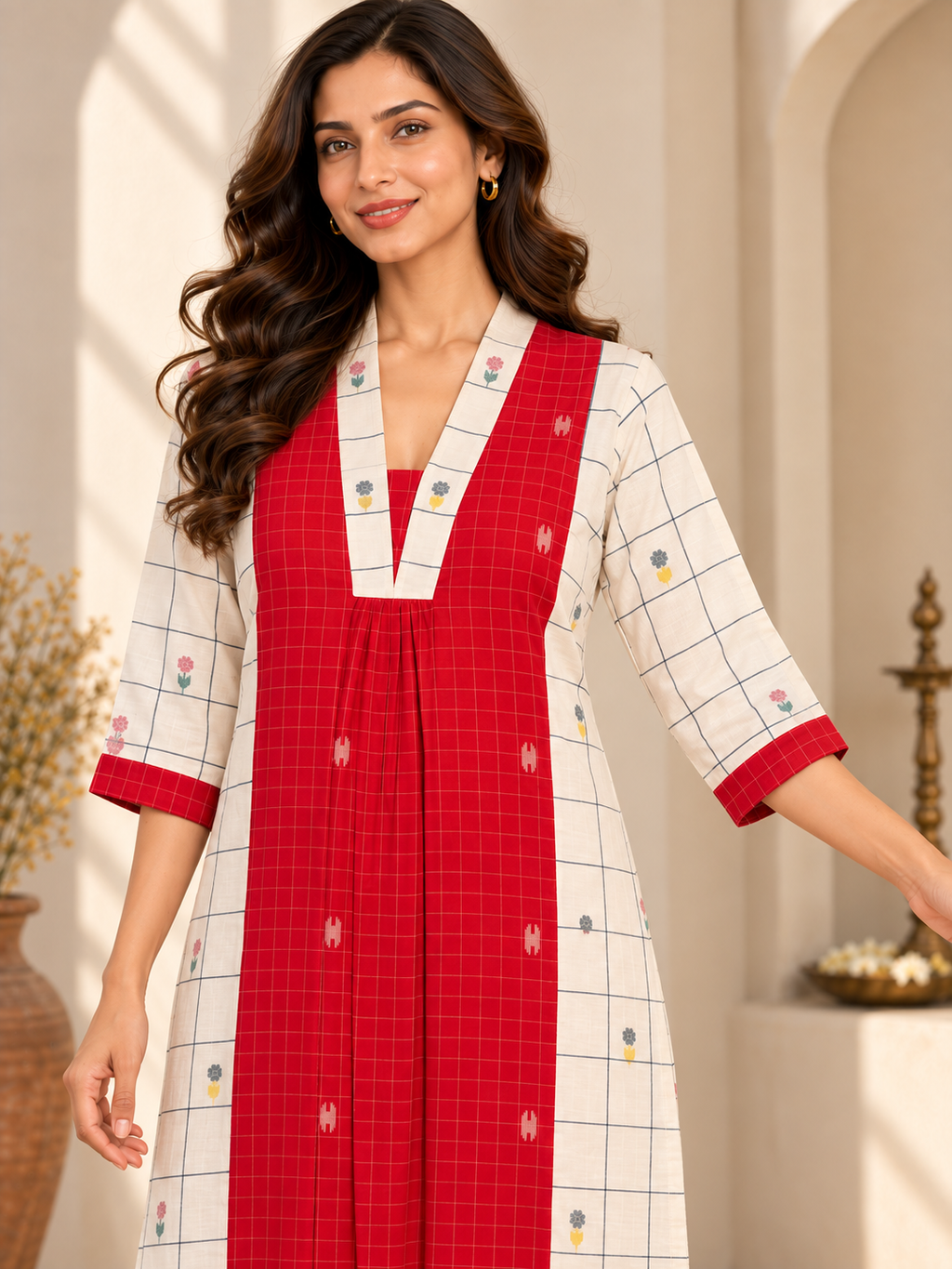 White and red Jamdani cotton kurta for women with checked panels, floral motifs and three-quarter sleeves.