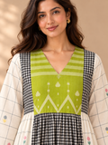 Green yoke Jamdani cotton midi dress with black and white checked centre panel, ivory grid-print sides and floral motifs.