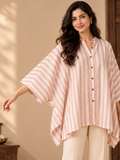 Pink and ivory striped cotton kaftan top for women with a button-down front, wide sleeves and an asymmetrical hem.