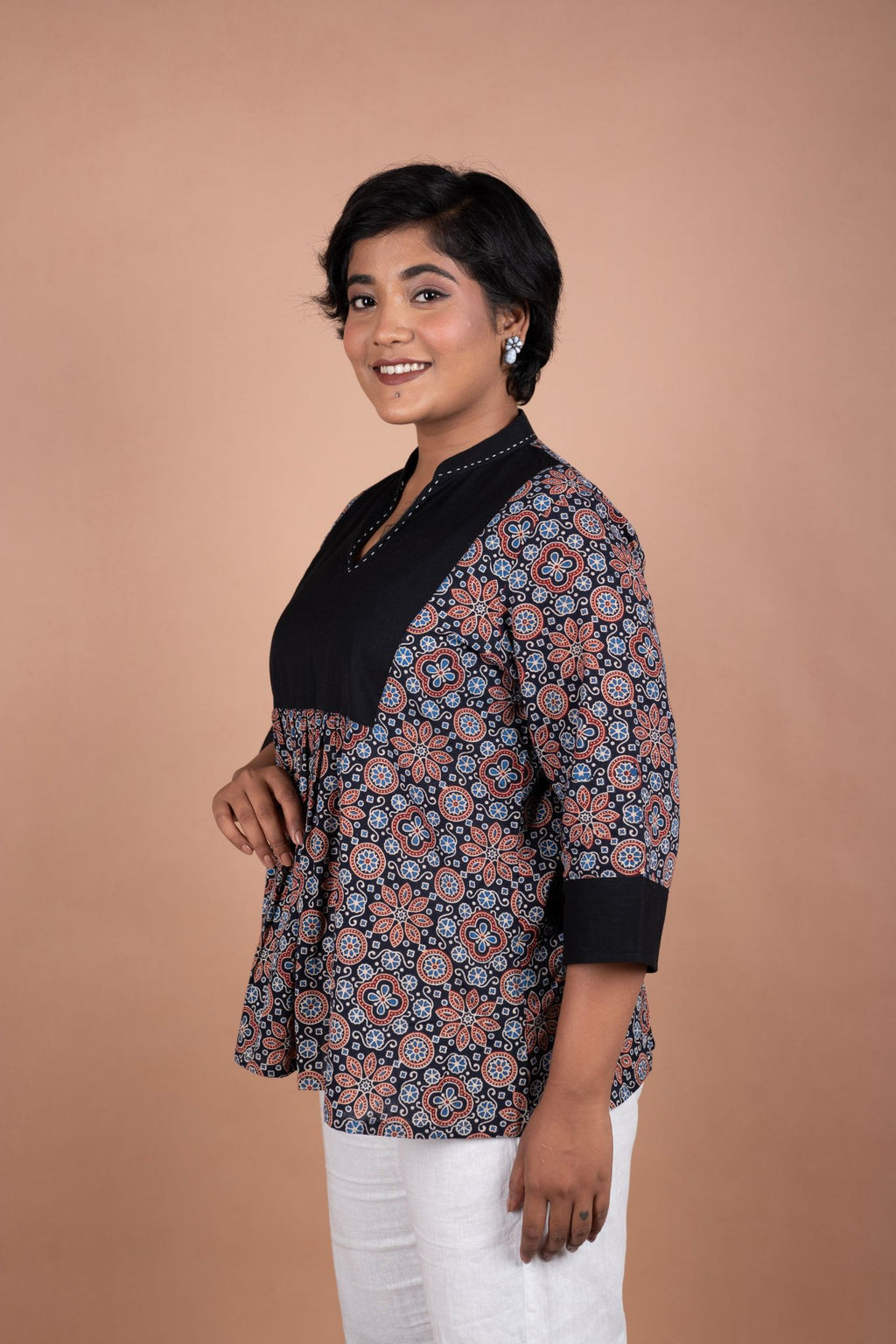 Black Ajrakh Cotton Top with Handloom Yoke Fusion