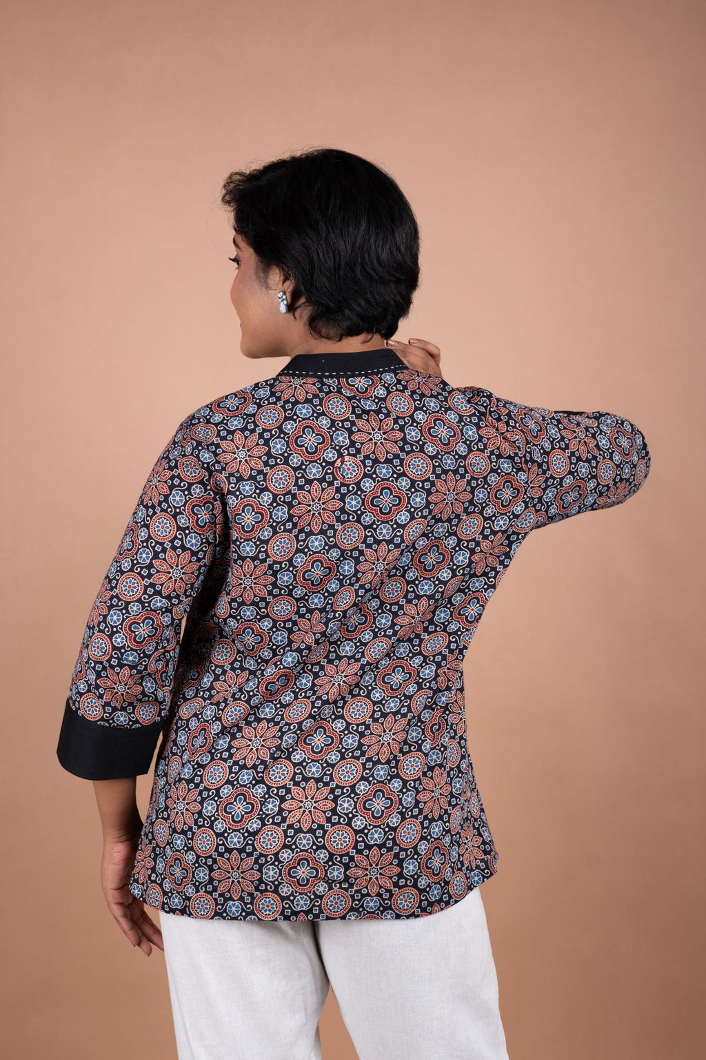Black Ajrakh Cotton Top with Handloom Yoke Fusion