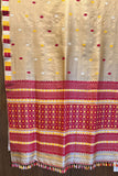 Beige Tussar Silk Assam Saree with Traditional Red Border and Pallu