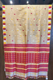 Beige Tussar Silk Assam Saree with Traditional Red Border and Pallu