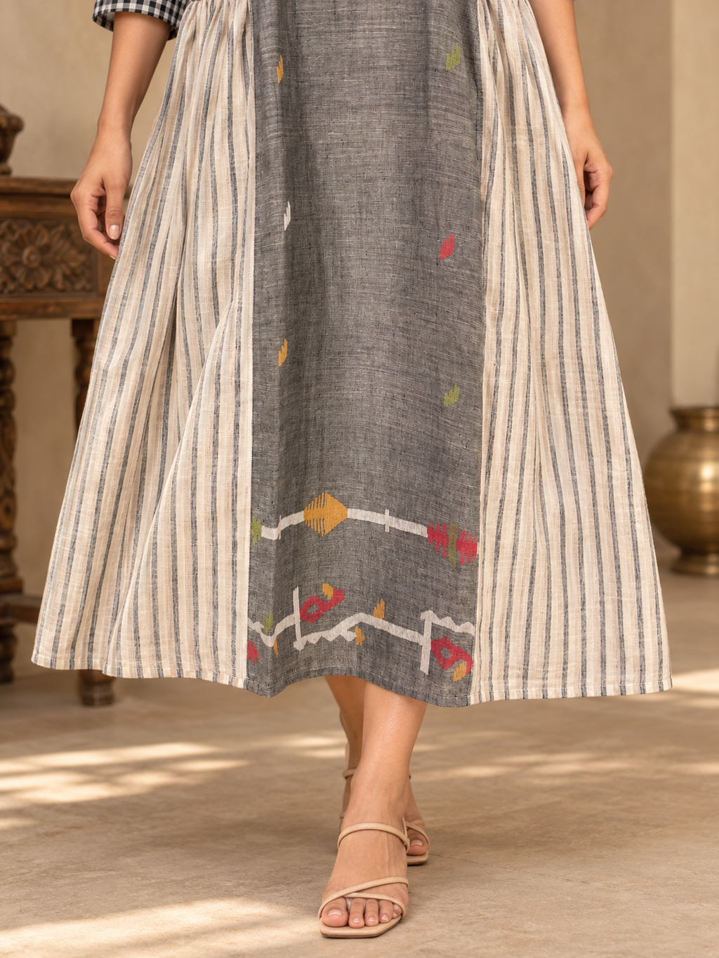 Grey Jamdani cotton midi dress with coral geometric motifs, cream striped centre panel and multicoloured checked yoke.