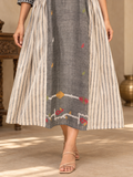 Grey Jamdani cotton midi dress with black and white gingham check panels, cream stripes and colourful traditional-inspired motifs.