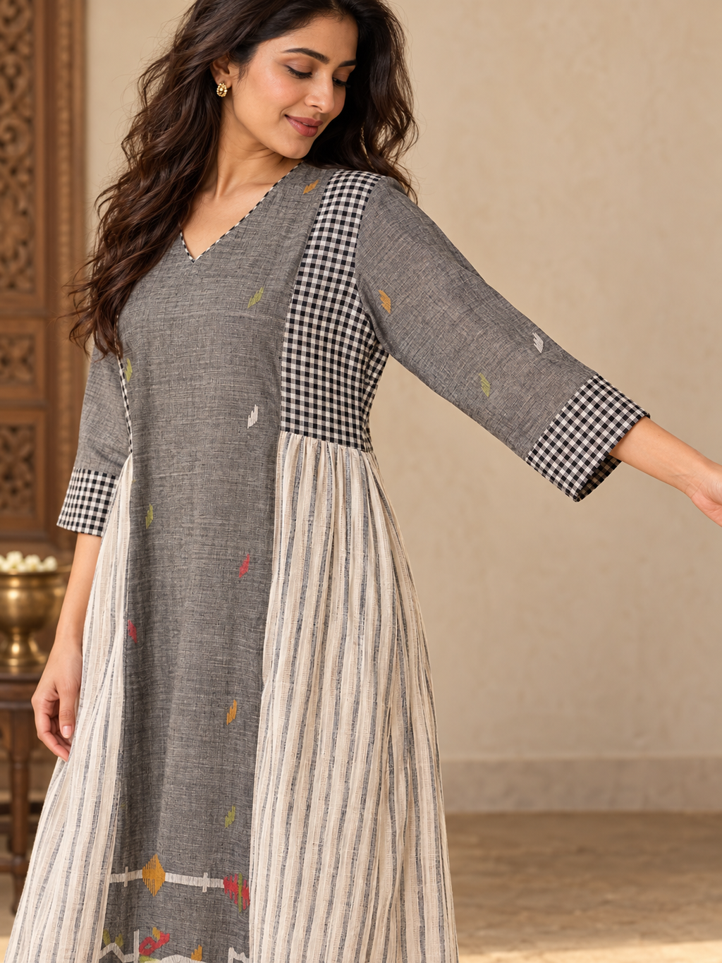 Grey Jamdani cotton midi dress with black and white gingham check panels, cream stripes and colourful traditional-inspired motifs.