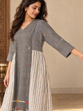 Grey Jamdani cotton midi dress with black and white gingham check panels, cream stripes and colourful traditional-inspired motifs.