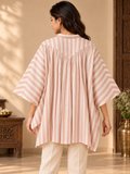 Pink and ivory striped cotton kaftan top for women with a button-down front, wide sleeves and an asymmetrical hem.