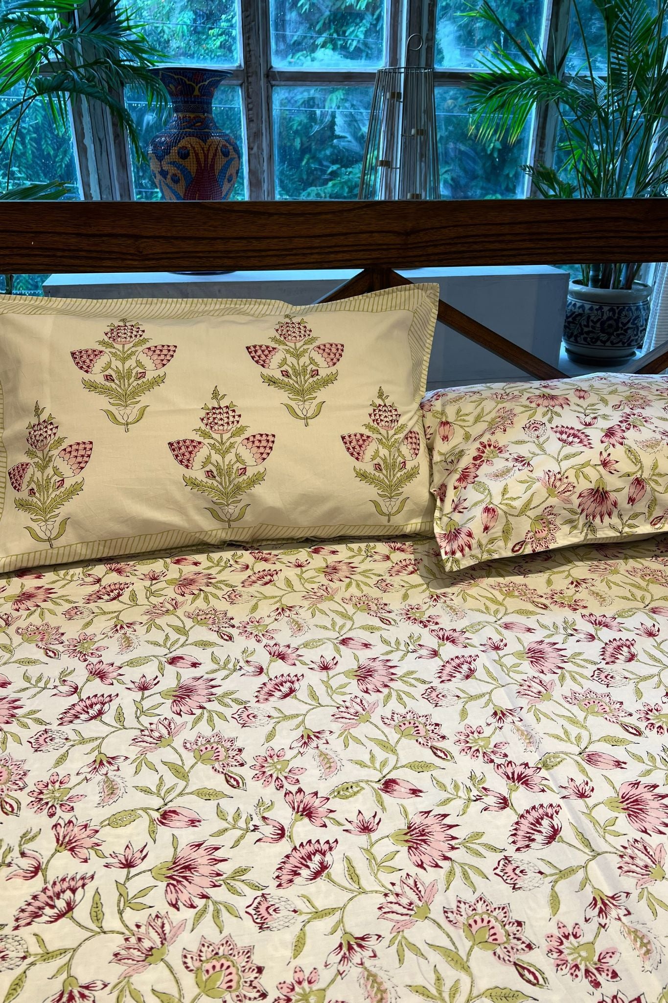 Pink & White Block Printed Double Bedsheet with Pillow Cover