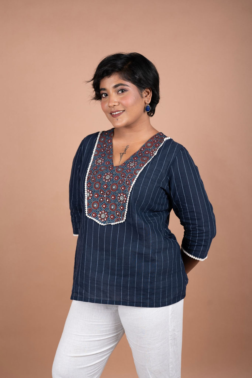Handloom Stripe Cotton Top with Ajrakh Yoke | Ethnic Chic | Casual Kurti Top