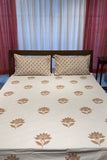 White & Brown Floral Handblock Print Bedsheet with Reversible Pillow Covers