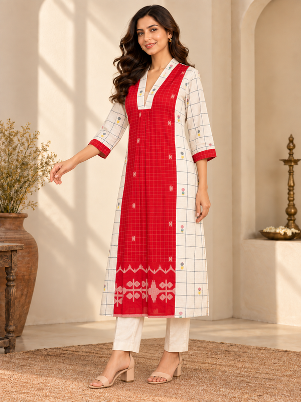 White & Red Jamdani Cotton Kurta | Handloom-Inspired Design