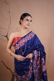 Royal Blue Kantha Silk Saree with Hand Embroidery