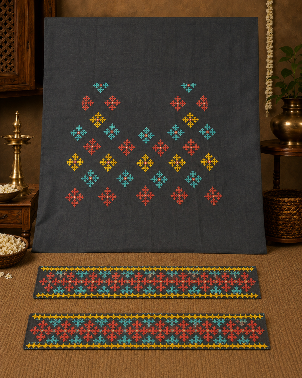 Hand-Embroidered Tussar Silk Saree | Intricate Geometric Motifs