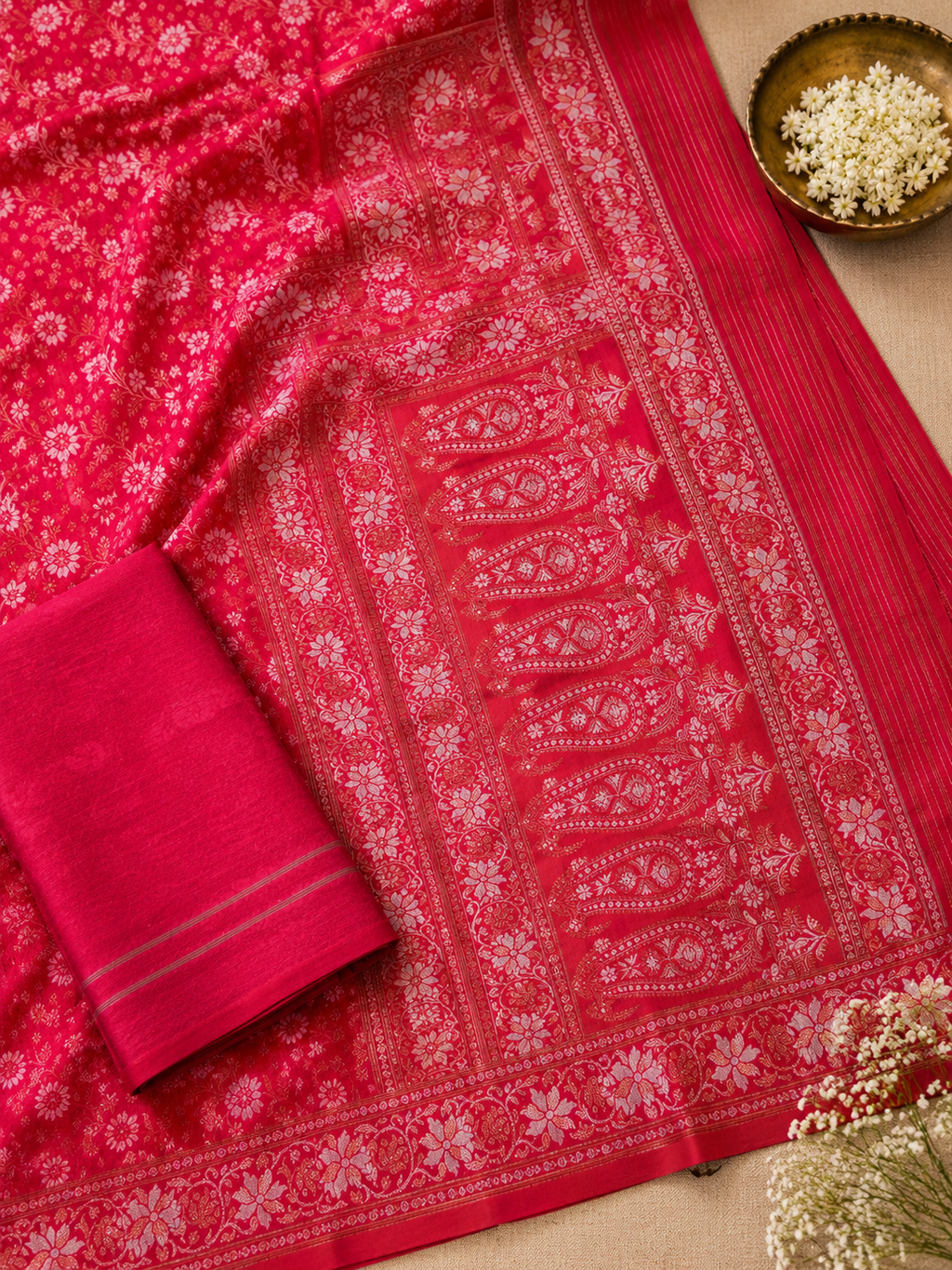 Red Cotton Banarasi Jamdani Saree | Jacquard Woven Floral Handloom Saree