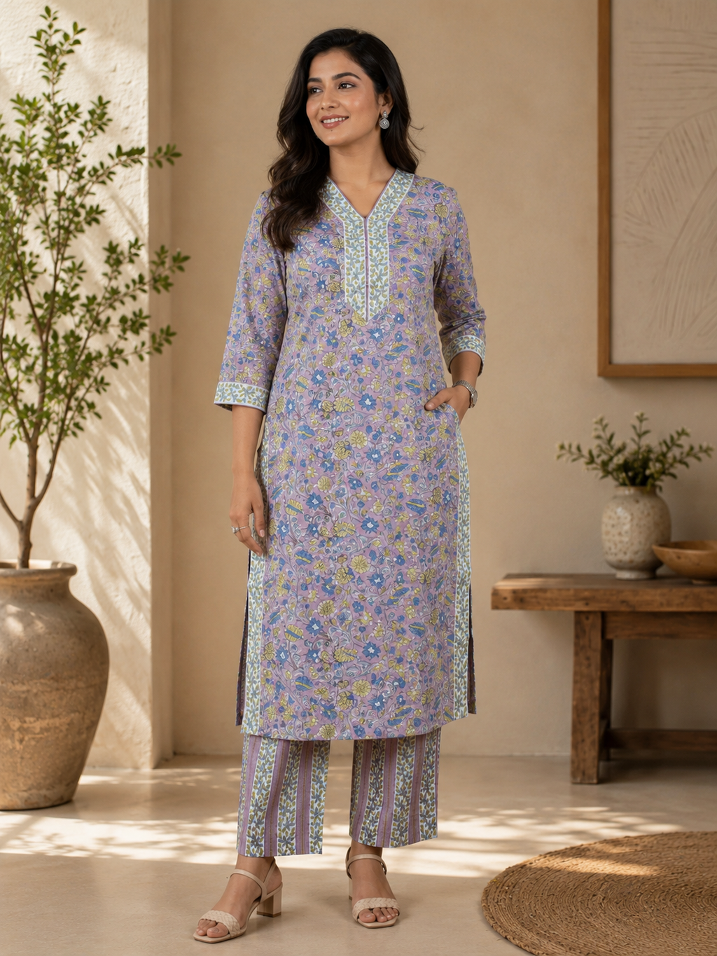 Mauve Cotton Floral Kurta & Pant Set