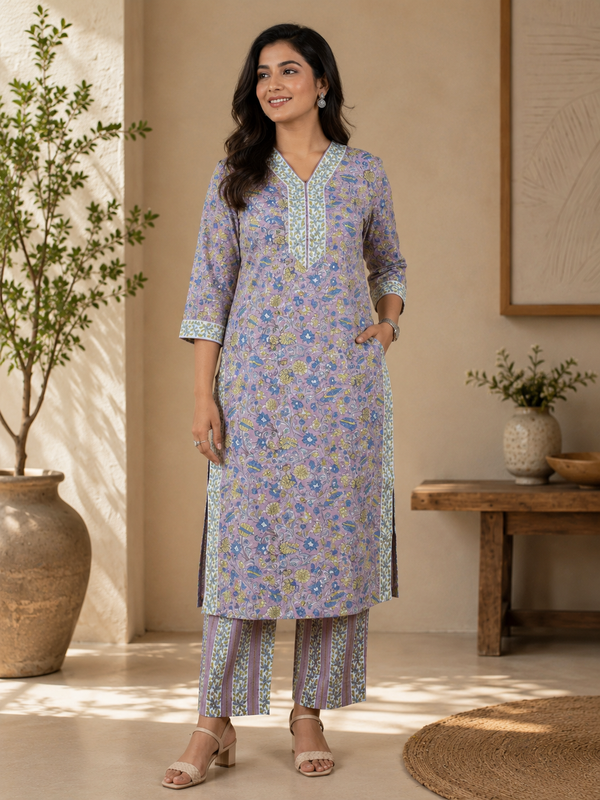 Mauve Cotton Floral Kurta & Pant Set