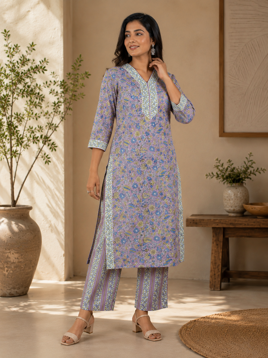 Mauve Cotton Floral Kurta & Pant Set