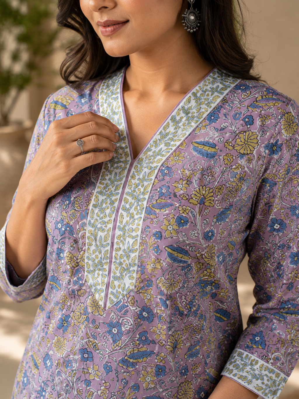 Mauve Cotton Floral Kurta & Pant Set
