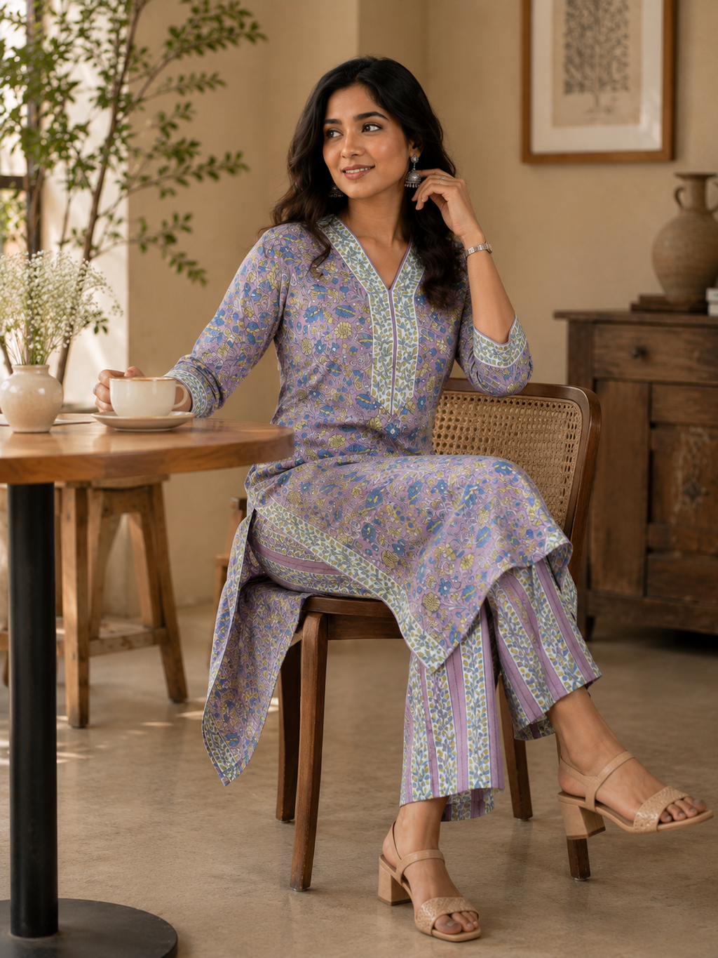 Mauve Cotton Floral Kurta & Pant Set