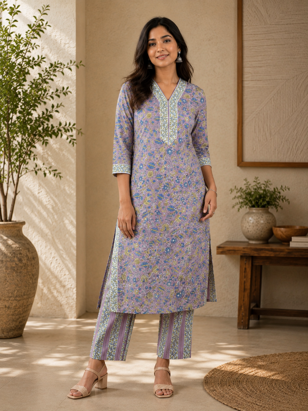 Mauve Cotton Floral Kurta & Pant Set