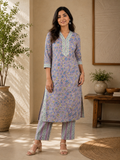 Mauve Cotton Floral Kurta & Pant Set