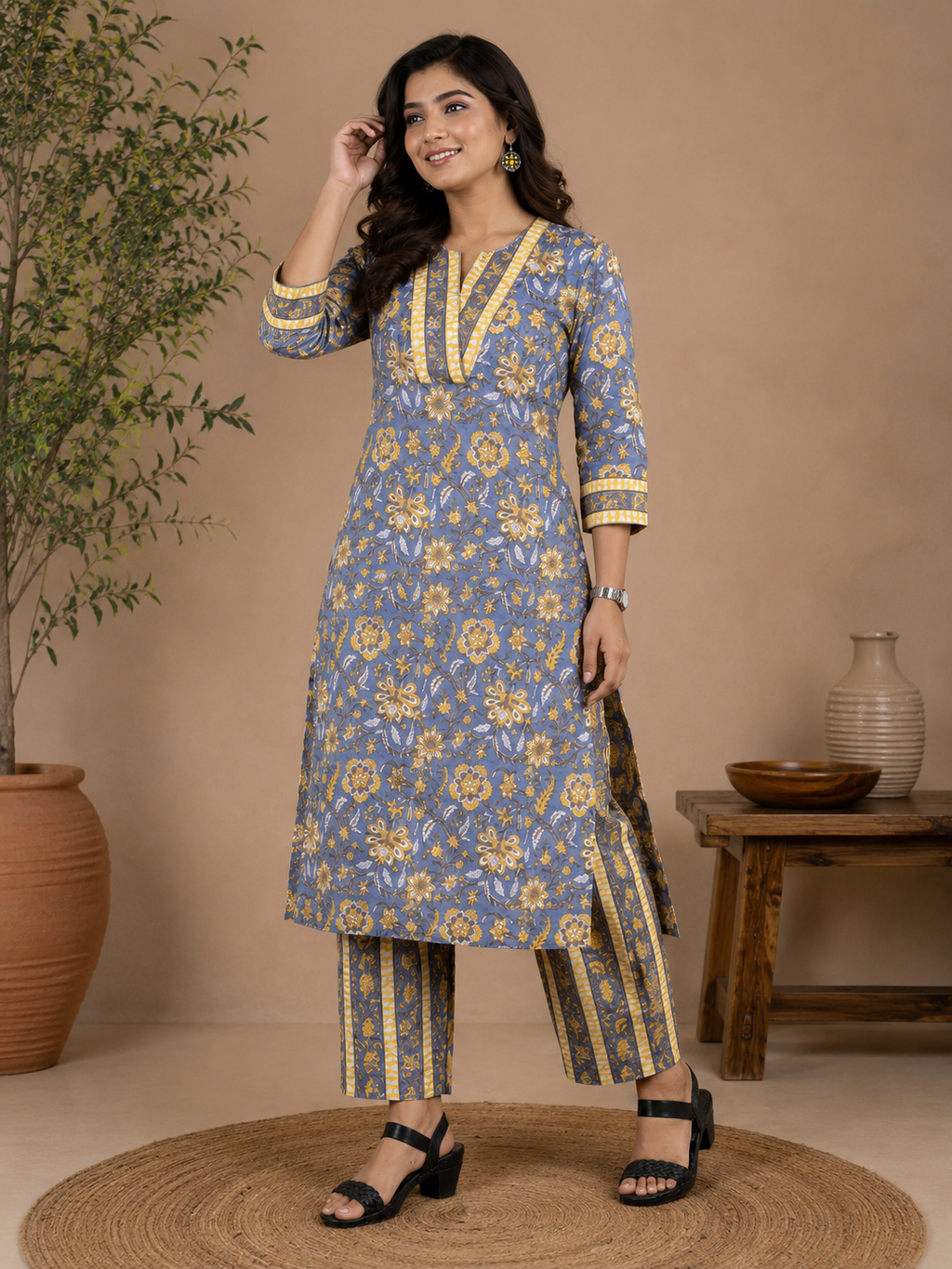 Grey & Yellow Cotton Floral Block Printed Kurta & Pant Set