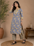 Grey & Yellow Cotton Floral Block Printed Kurta & Pant Set