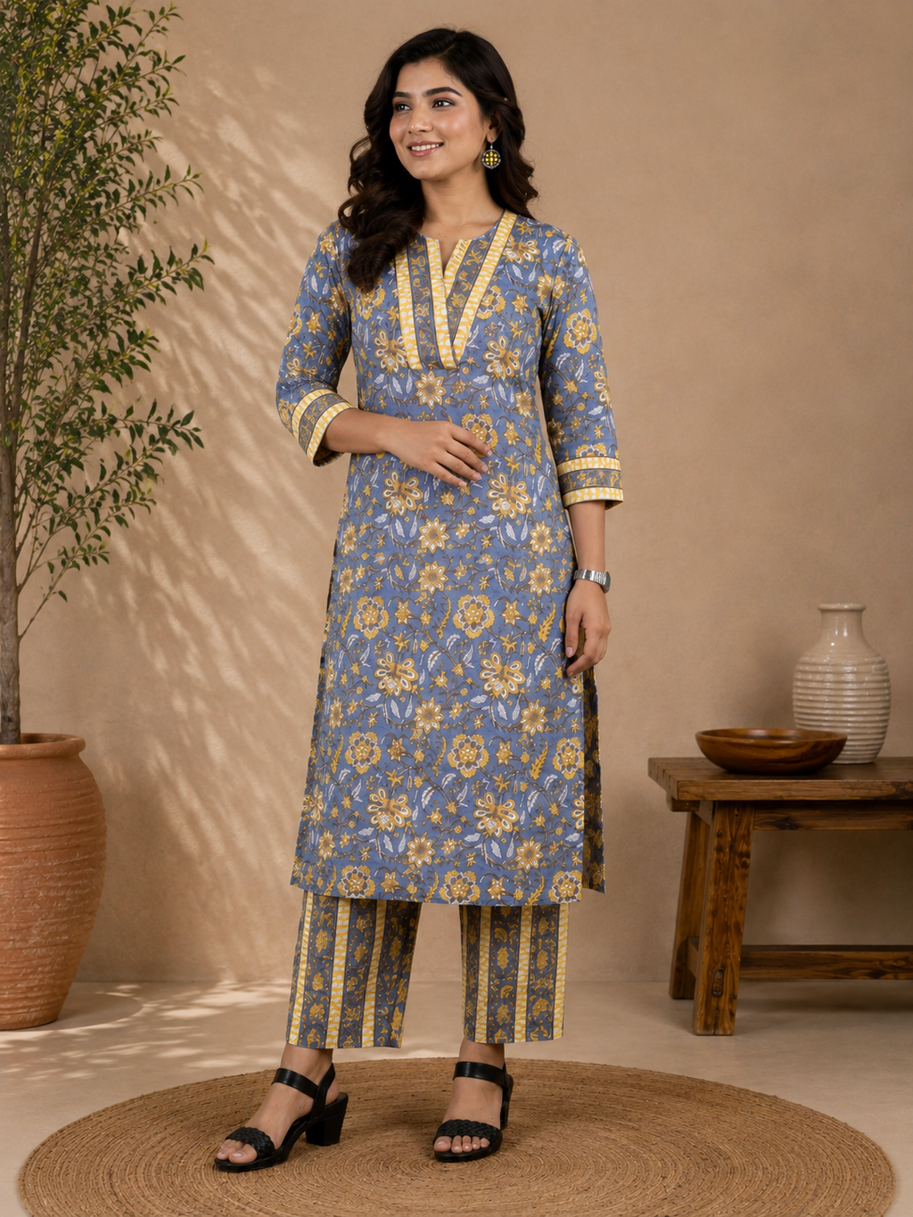 Grey & Yellow Cotton Floral Block Printed Kurta & Pant Set
