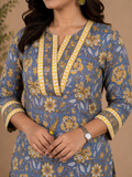 Grey & Yellow Cotton Floral Block Printed Kurta & Pant Set