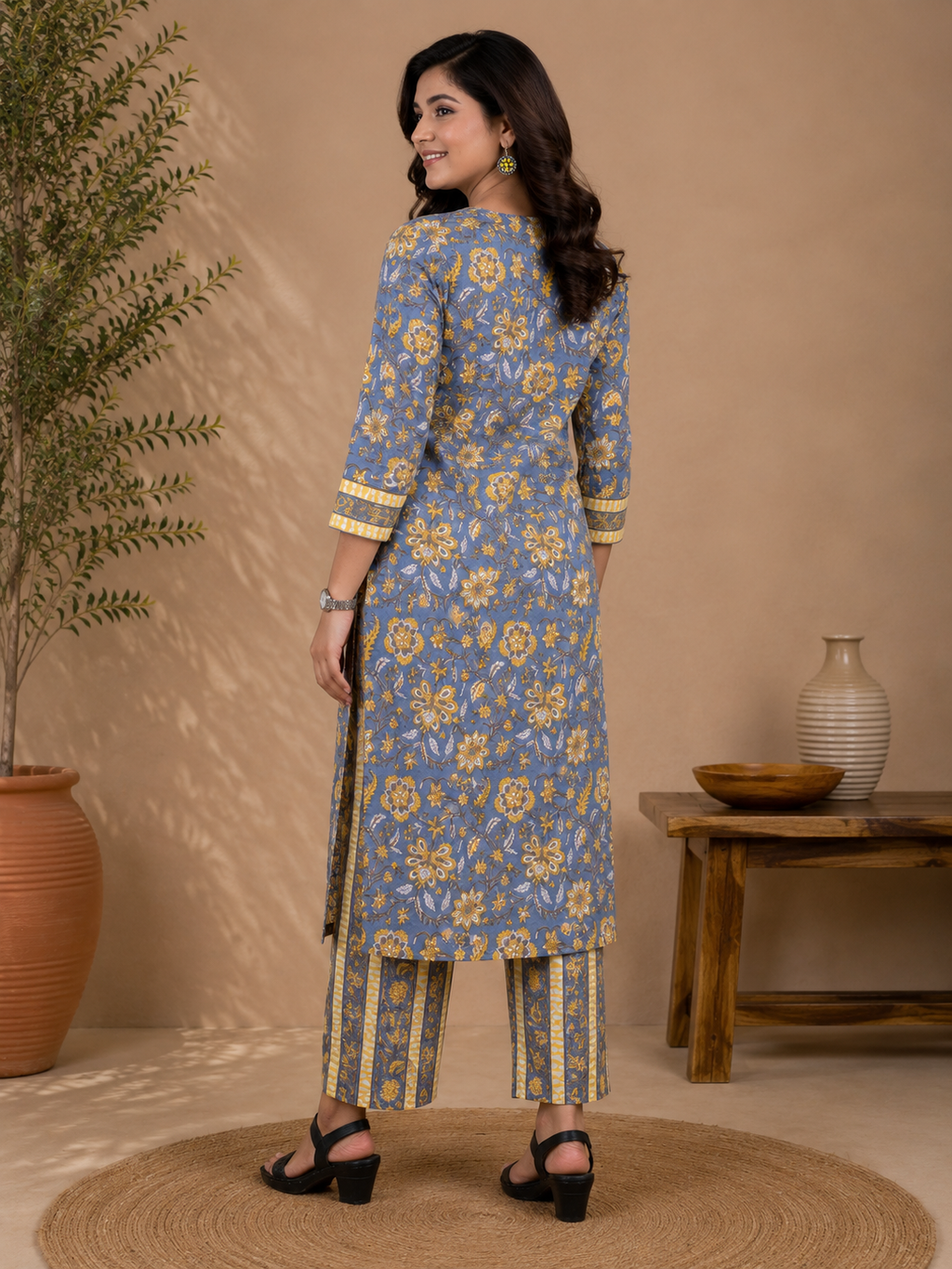 Grey & Yellow Cotton Floral Block Printed Kurta & Pant Set